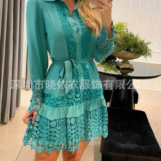 Hollow Out Floral Solid Color Fashion Casual Sexy Guipure Lace Patch Shirt Dress Mini Dress Cyan