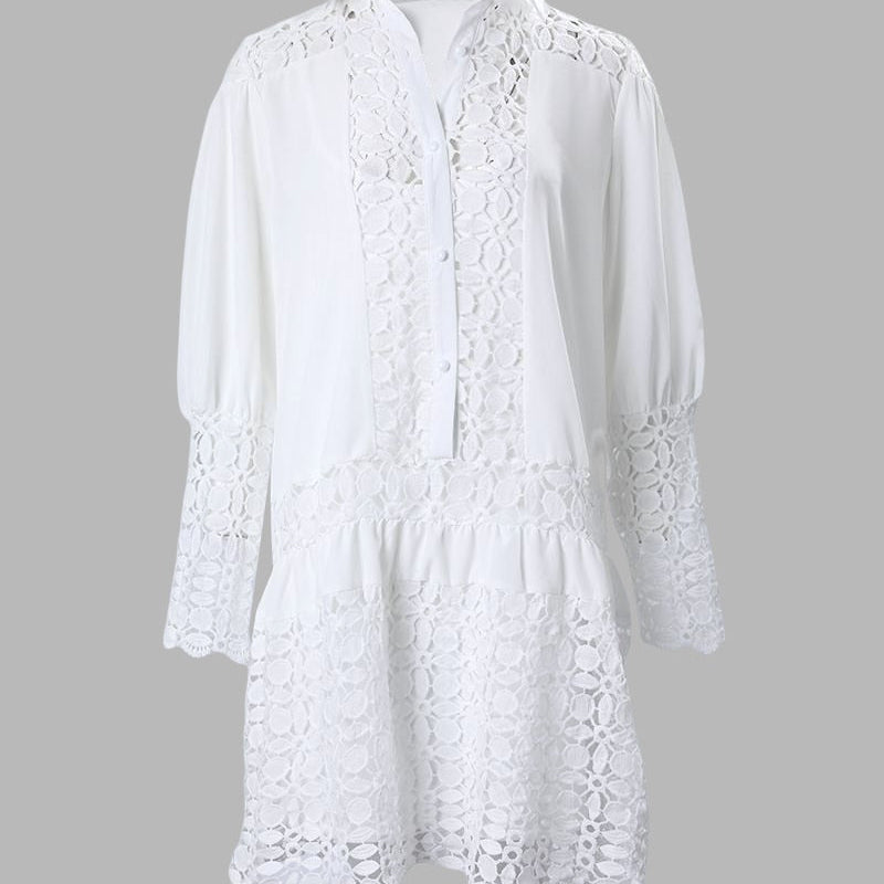 Hollow Out Floral Solid Color Fashion Casual Sexy Guipure Lace Patch Shirt Dress Mini Dress