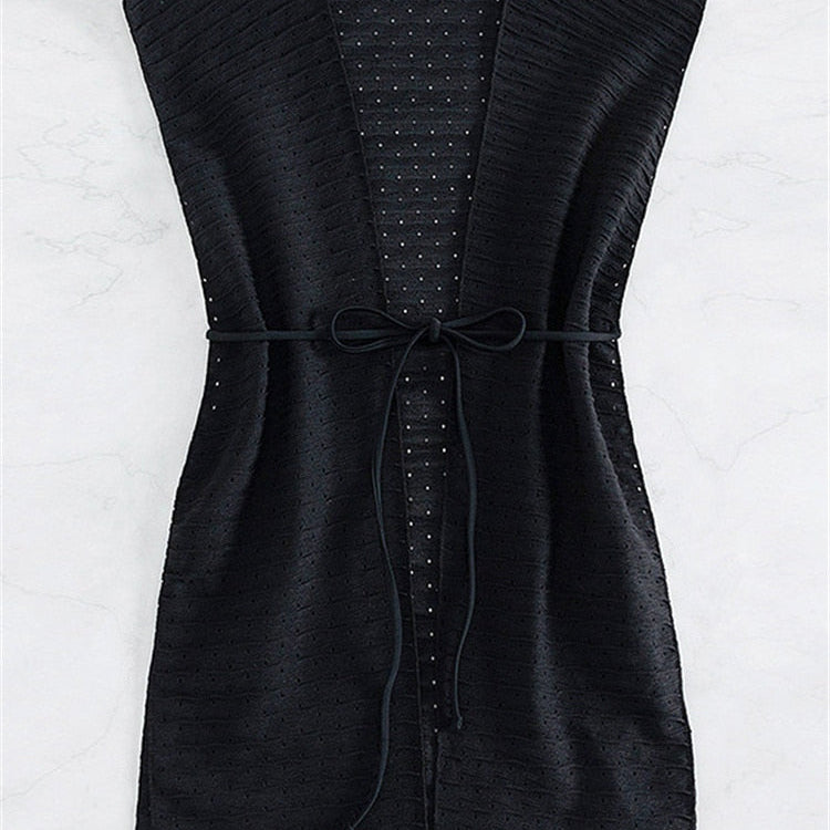 Hollow Out Tunic Beach Cover Up Solid Black Lace Up V Neck Sleeveless Swimwear Holiday Summer Hot Bikini Beachwear 2024