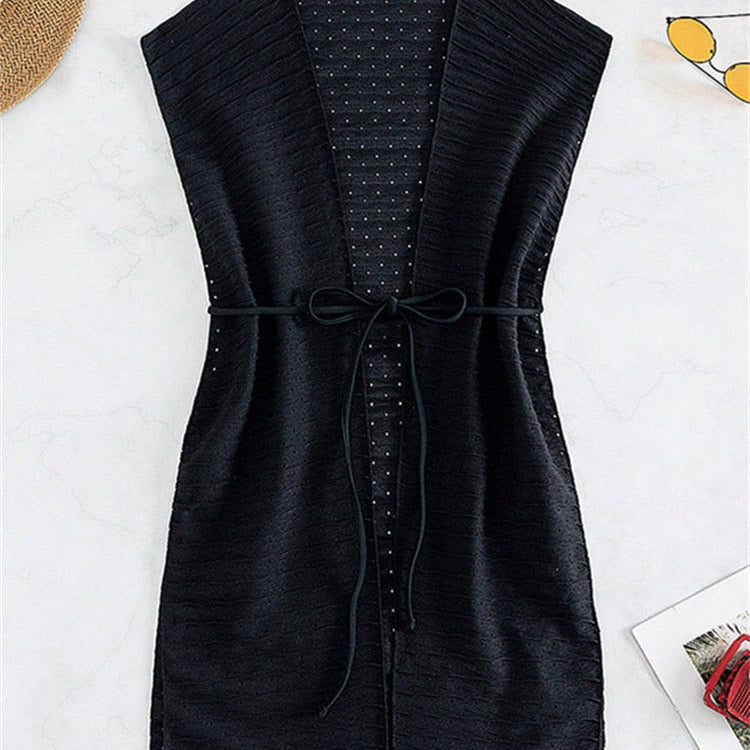Hollow Out Tunic Beach Cover Up Solid Black Lace Up V Neck Sleeveless Swimwear Holiday Summer Hot Bikini Beachwear 2024