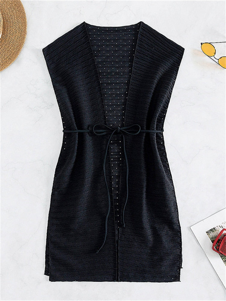 Hollow Out Tunic Beach Cover Up Solid Black Lace Up V Neck Sleeveless Swimwear Holiday Summer Hot Bikini Beachwear 2024