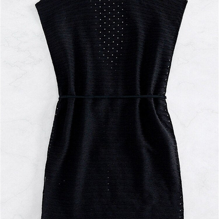 Hollow Out Tunic Beach Cover Up Solid Black Lace Up V Neck Sleeveless Swimwear Holiday Summer Hot Bikini Beachwear 2024