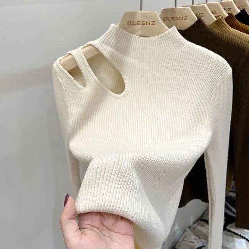 Hollow-out Turtleneck Knitted Women Sweater Ribbed Pullovers Autumn Winter Basic Women Sweaters Fit Soft Warm Tops Beige One Size