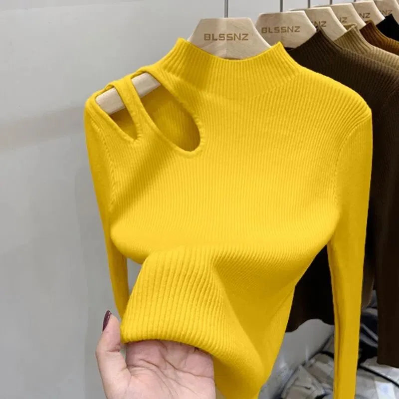 Hollow-out Turtleneck Knitted Women Sweater Ribbed Pullovers Autumn Winter Basic Women Sweaters Fit Soft Warm Tops Yellow One Size