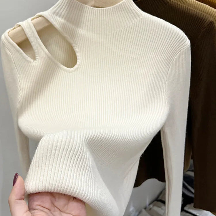 Hollow-out Turtleneck Knitted Women Sweater Ribbed Pullovers Autumn Winter Basic Women Sweaters Fit Soft Warm Tops