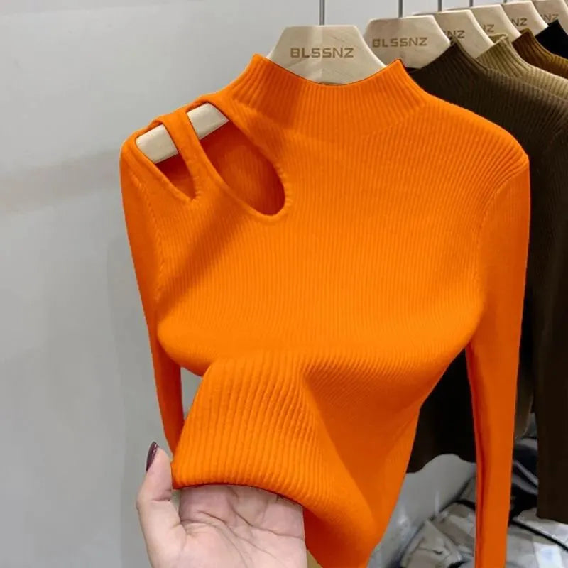 Hollow-out Turtleneck Knitted Women Sweater Ribbed Pullovers Autumn Winter Basic Women Sweaters Fit Soft Warm Tops Orange One Size