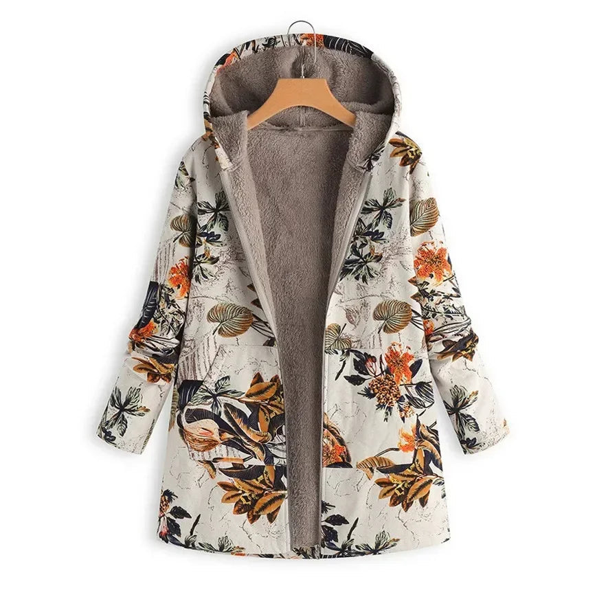 Hooded Coat Women Printed Long Sleeve Plus Size Vintage Women Autumn Winter Warm Leisure Zipper Woolen Cloth Jacket