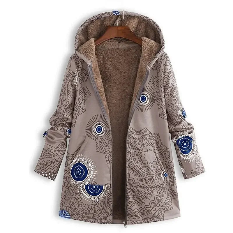 Hooded Coat Women Printed Long Sleeve Plus Size Vintage Women Autumn Winter Warm Leisure Zipper Woolen Cloth Jacket 8