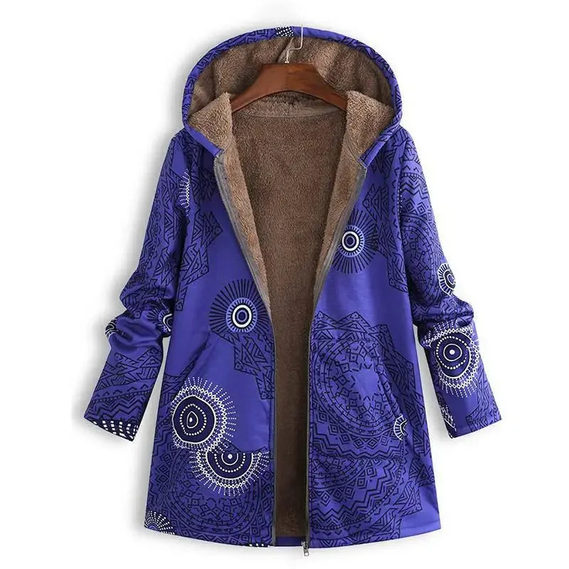 Hooded Coat Women Printed Long Sleeve Plus Size Vintage Women Autumn Winter Warm Leisure Zipper Woolen Cloth Jacket 7