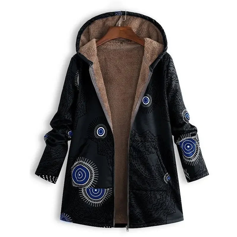 Hooded Coat Women Printed Long Sleeve Plus Size Vintage Women Autumn Winter Warm Leisure Zipper Woolen Cloth Jacket 5
