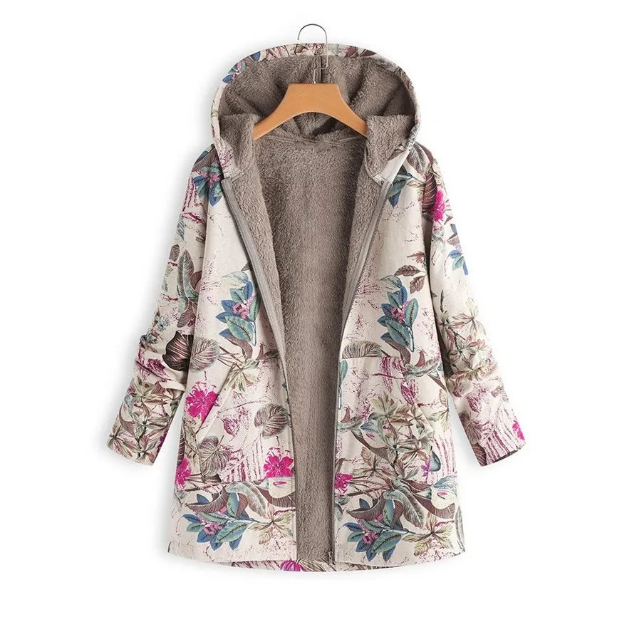 Hooded Coat Women Printed Long Sleeve Plus Size Vintage Women Autumn Winter Warm Leisure Zipper Woolen Cloth Jacket