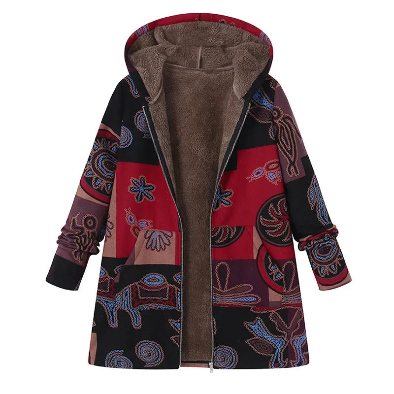 Hooded Coat Women Printed Long Sleeve Plus Size Vintage Women Autumn Winter Warm Leisure Zipper Woolen Cloth Jacket 0