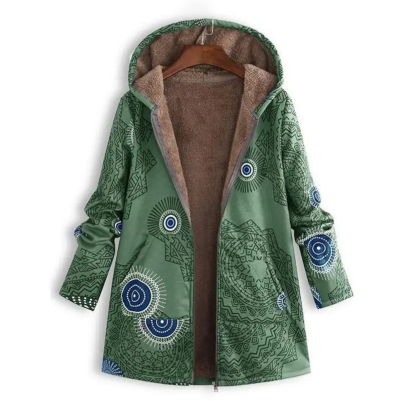 Hooded Coat Women Printed Long Sleeve Plus Size Vintage Women Autumn Winter Warm Leisure Zipper Woolen Cloth Jacket 6