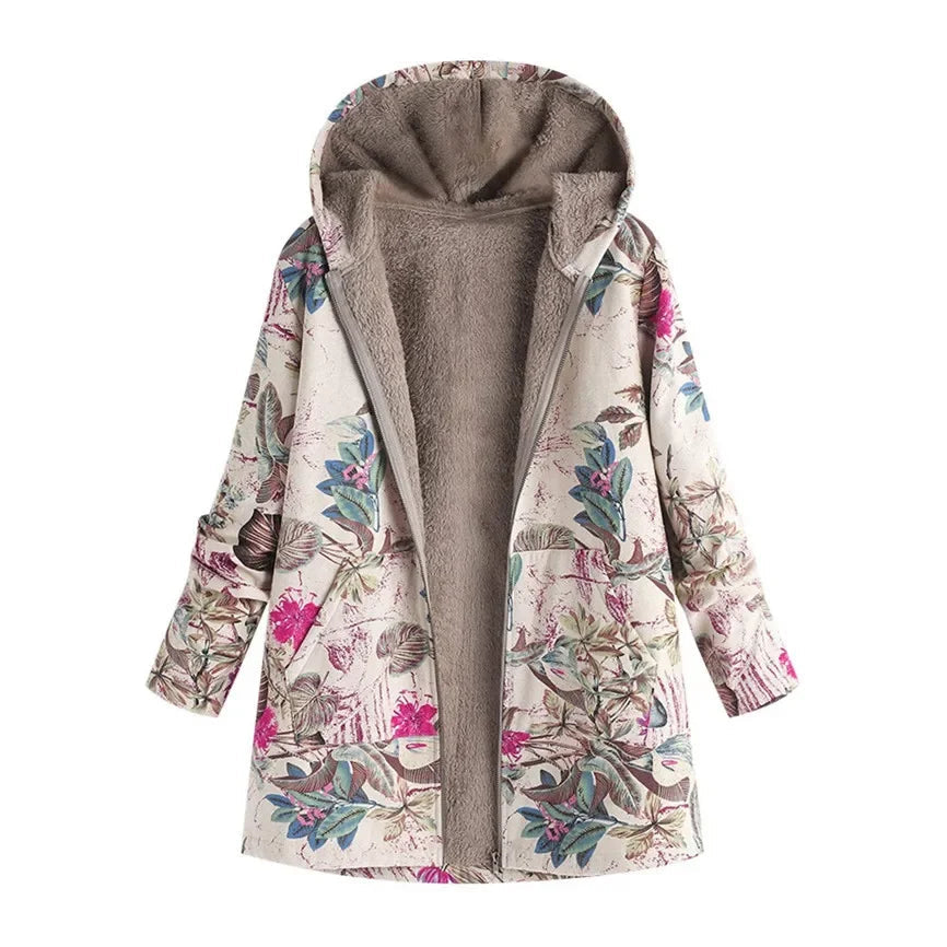 Hooded Coat Women Printed Long Sleeve Plus Size Vintage Women Autumn Winter Warm Leisure Zipper Woolen Cloth Jacket 2