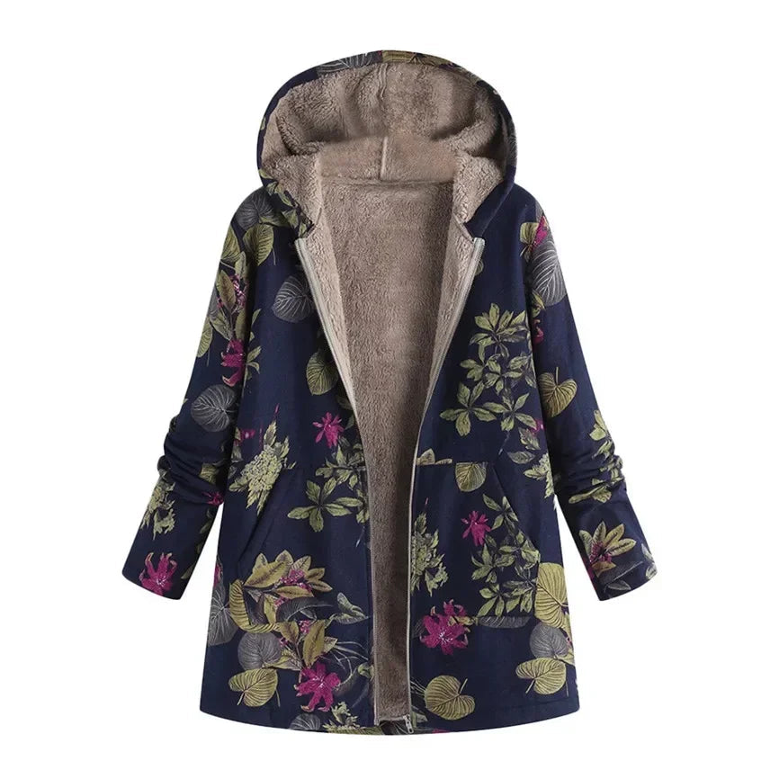 Hooded Coat Women Printed Long Sleeve Plus Size Vintage Women Autumn Winter Warm Leisure Zipper Woolen Cloth Jacket