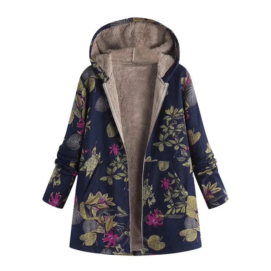 Hooded Coat Women Printed Long Sleeve Plus Size Vintage Women Autumn Winter Warm Leisure Zipper Woolen Cloth Jacket