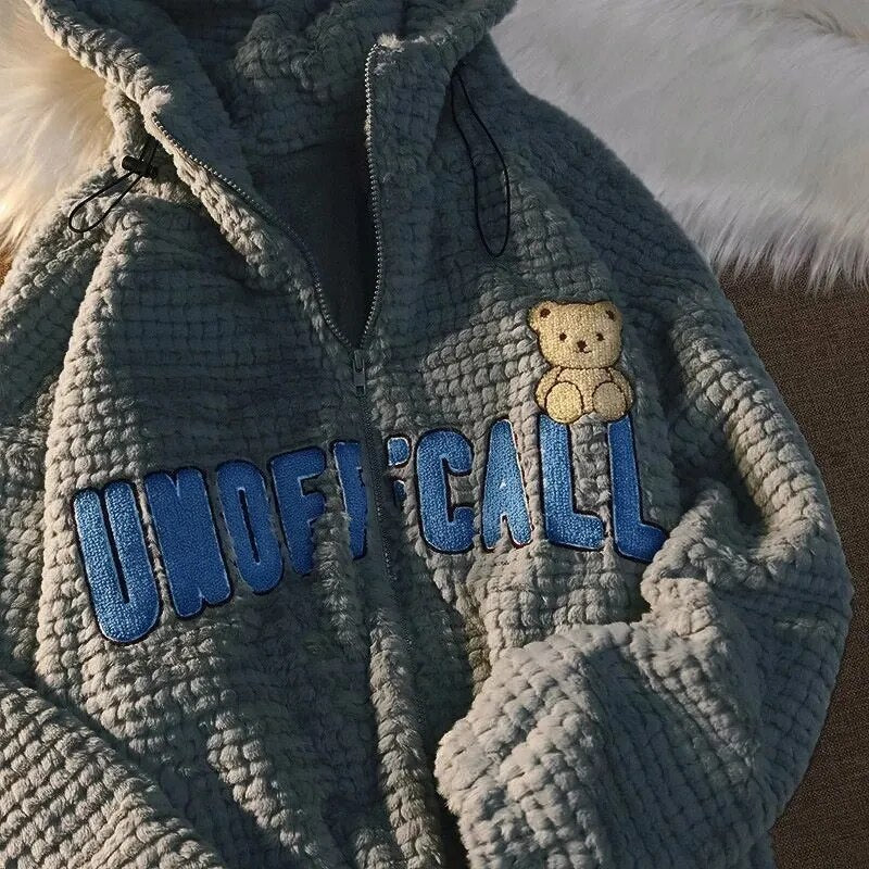 Hoodie Cotton Clothing Women Cute Fun Bunny Ears Lamb Velvet Cotton Clothes New Fashion Loose Zipper Hoodie Warm Coat Streetwear grey 3