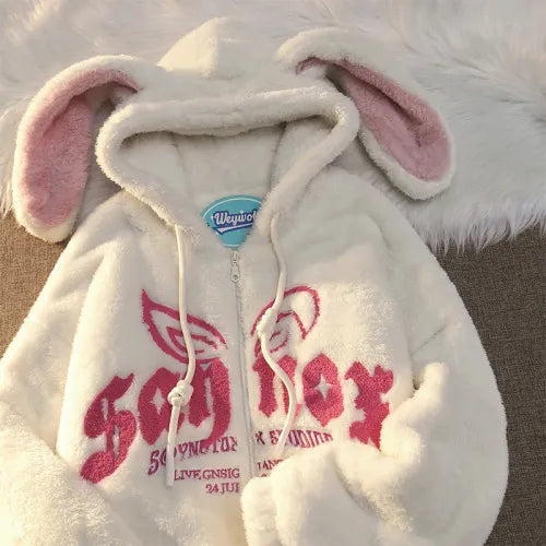 Hoodie Cotton Clothing Women Cute Fun Bunny Ears Lamb Velvet Cotton Clothes New Fashion Loose Zipper Hoodie Warm Coat Streetwear Apricot