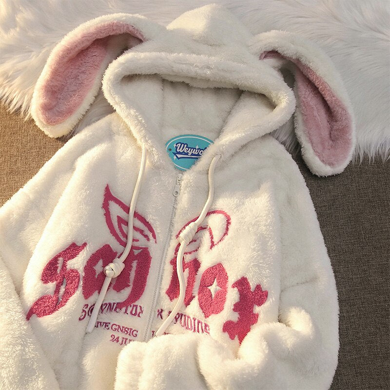 Hoodie Cotton Clothing Women Cute Fun Bunny Ears Lamb Velvet Cotton Clothes New Fashion Loose Zipper Hoodie Warm Coat Streetwear AMAIO