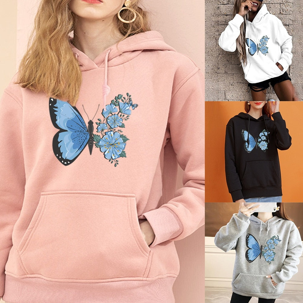 Hoodie Women's Fashion Sports Pullover Fall Long Sleeve Base Pullover Girls Casual Sports Hoodie Butterfly Print Tops AMAIO