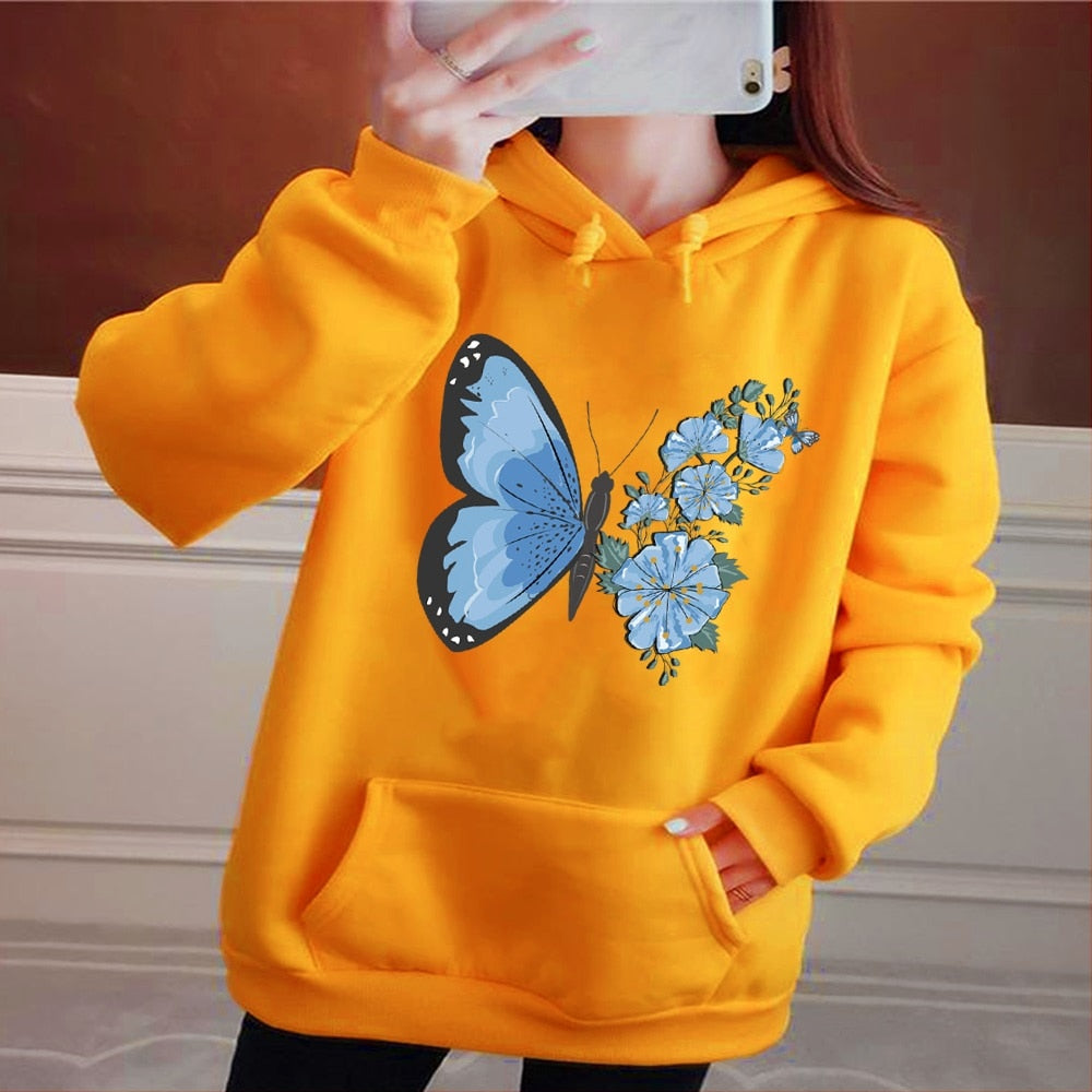 Hoodie Women's Fashion Sports Pullover Fall Long Sleeve Base Pullover Girls Casual Sports Hoodie Butterfly Print Tops yellow