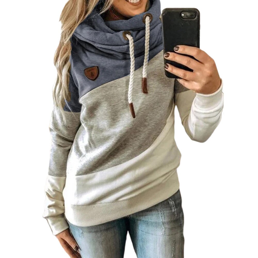 Hoodies for Women Color Block Print Hooded Pullover Casual Long Sleeve Drawstring Sweatshirt Blouse Tops SY201010-lan