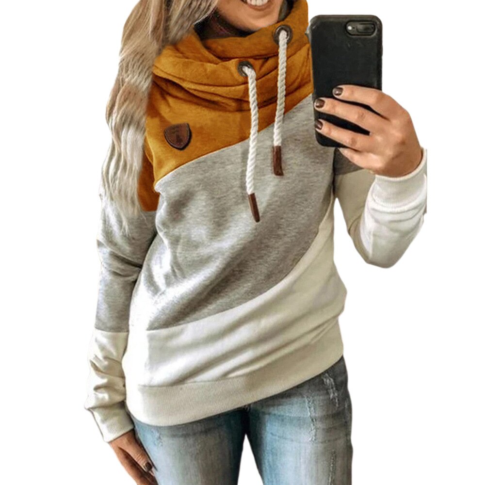 Hoodies for Women Color Block Print Hooded Pullover Casual Long Sleeve Drawstring Sweatshirt Blouse Tops