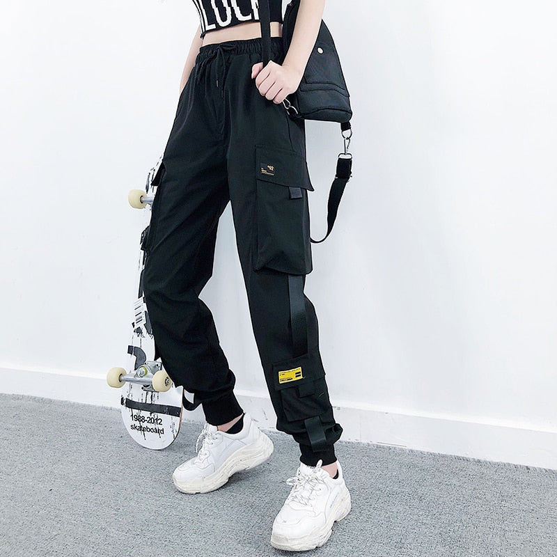 Hot Big Pockets Cargo Pants Women High Waist Loose Streetwear Pants Baggy Tactical Trouser Hip Hop Joggers Pants 0059 black