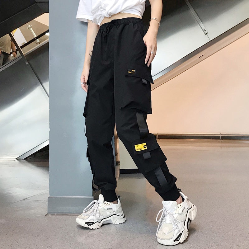 Hot Big Pockets Cargo Pants Women High Waist Loose Streetwear Pants Baggy Tactical Trouser Hip Hop Joggers Pants 2059 black