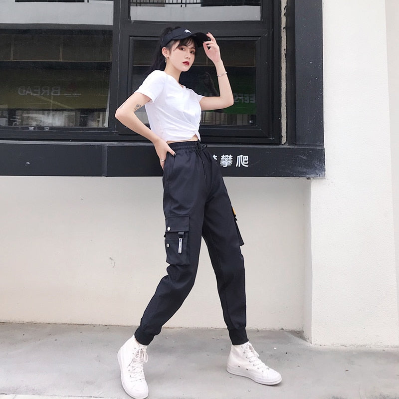 Hot Big Pockets Cargo Pants Women High Waist Loose Streetwear Pants Baggy Tactical Trouser Hip Hop Joggers Pants