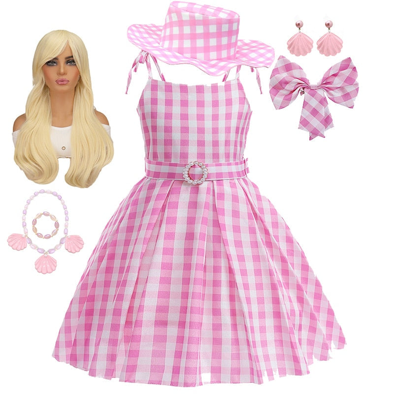 Hot Movie Barbie Costume For Kids Girls Cosplay Pink Plaid Dress Halloween Girl Dress Up Carnival Party Clothes With Hat 2-10T Pink Dress Set8
