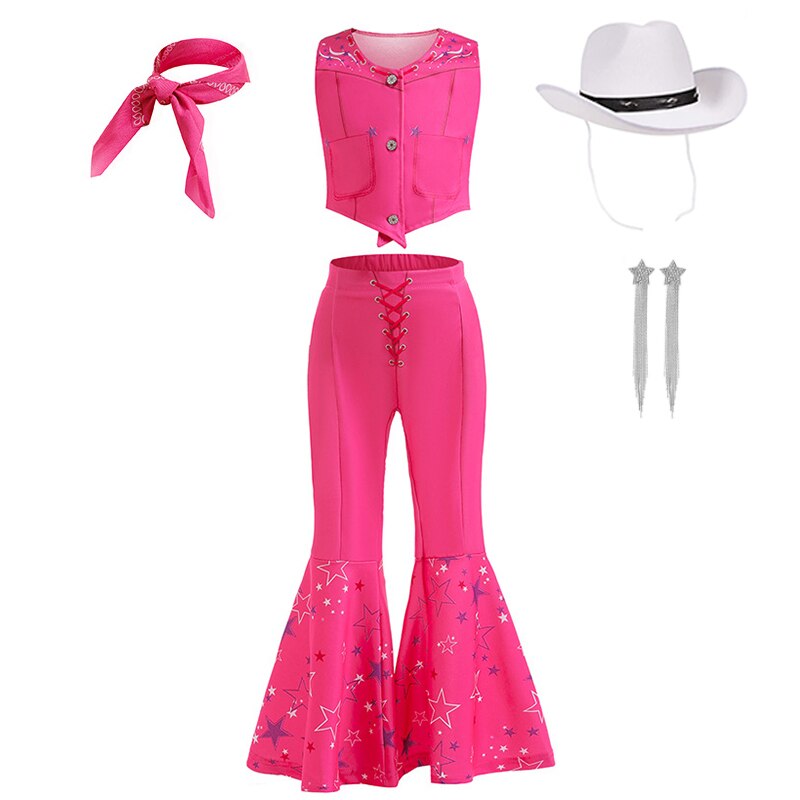 Hot Movie Barbie Costume For Kids Girls Cosplay Pink Plaid Dress Halloween Girl Dress Up Carnival Party Clothes With Hat 2-10T Pink SetA 04