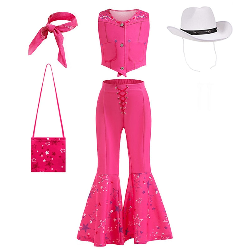 Hot Movie Barbie Costume For Kids Girls Cosplay Pink Plaid Dress Halloween Girl Dress Up Carnival Party Clothes With Hat 2-10T Pink SetA 03