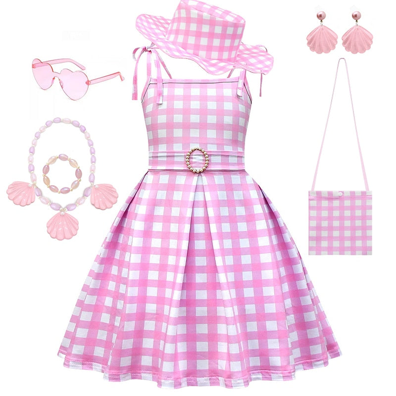 Hot Movie Barbie Costume For Kids Girls Cosplay Pink Plaid Dress Halloween Girl Dress Up Carnival Party Clothes With Hat 2-10T