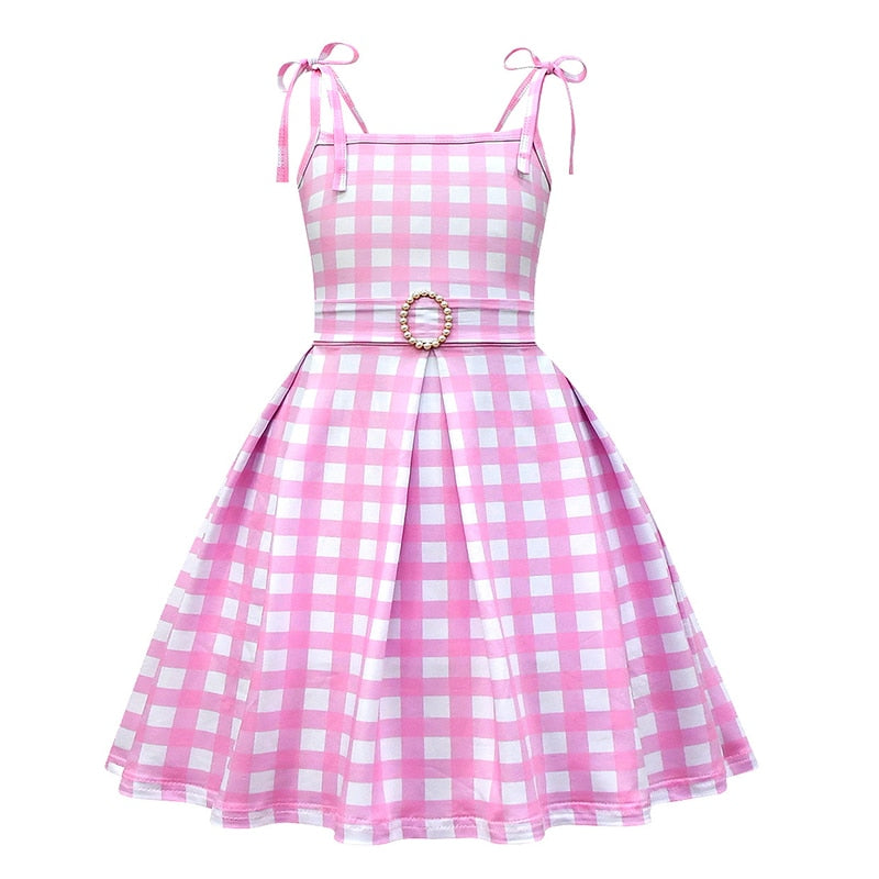 Hot Movie Barbie Costume For Kids Girls Cosplay Pink Plaid Dress Halloween Girl Dress Up Carnival Party Clothes With Hat 2-10T 1PCS Pink Set1