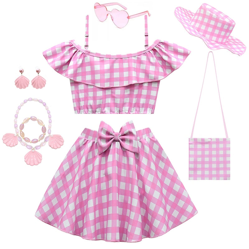 Hot Movie Barbie Costume For Kids Girls Cosplay Pink Plaid Dress Halloween Girl Dress Up Carnival Party Clothes With Hat 2-10T