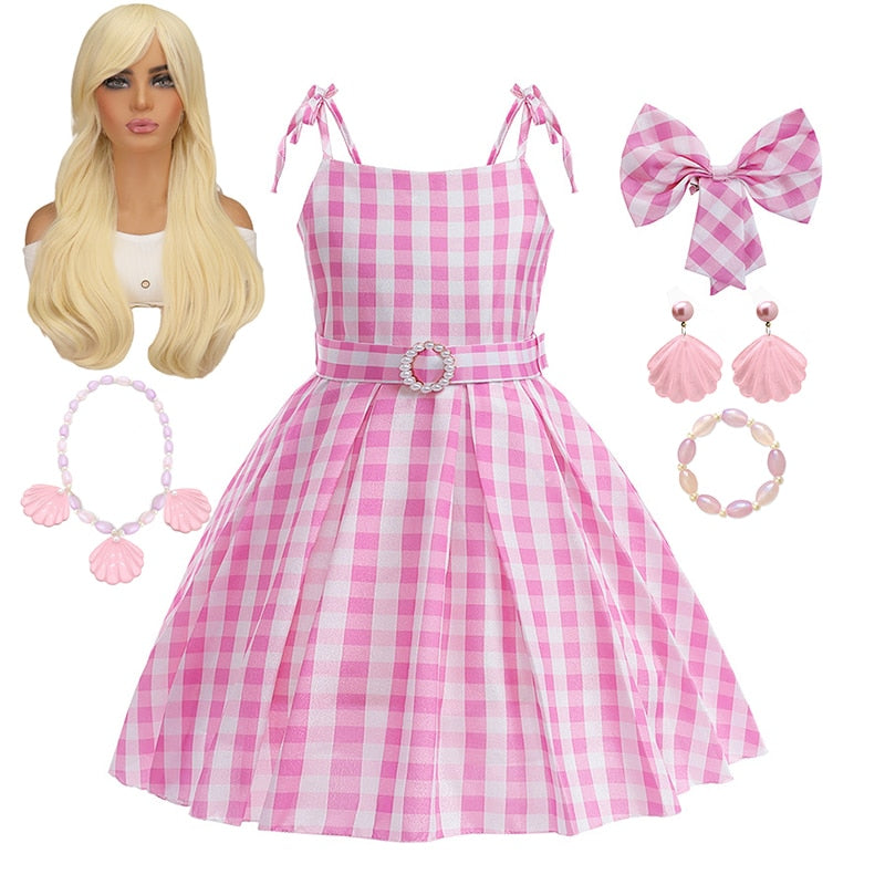 Hot Movie Barbie Costume For Kids Girls Cosplay Pink Plaid Dress Halloween Girl Dress Up Carnival Party Clothes With Hat 2-10T Pink Dress Set7