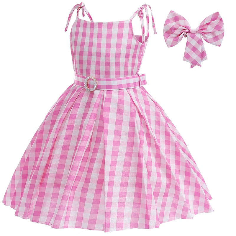 Hot Movie Barbie Costume For Kids Girls Cosplay Pink Plaid Dress Halloween Girl Dress Up Carnival Party Clothes With Hat 2-10T