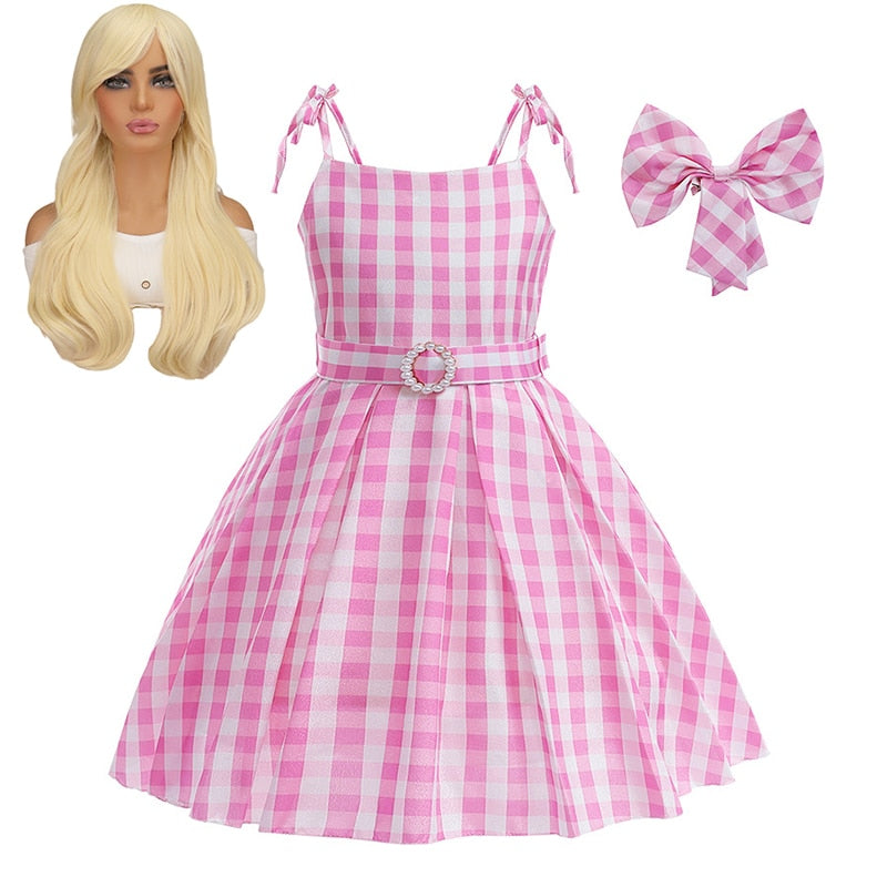 Hot Movie Barbie Costume For Kids Girls Cosplay Pink Plaid Dress Halloween Girl Dress Up Carnival Party Clothes With Hat 2-10T Pink Dress Set6