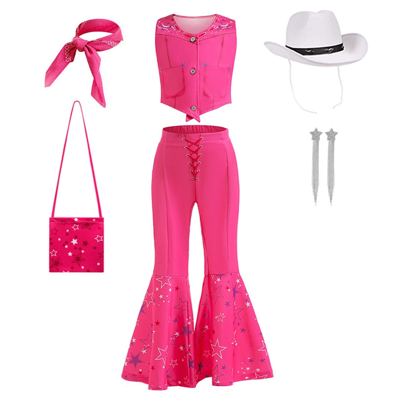 Hot Movie Barbie Costume For Kids Girls Cosplay Pink Plaid Dress Halloween Girl Dress Up Carnival Party Clothes With Hat 2-10T Pink SetA 05