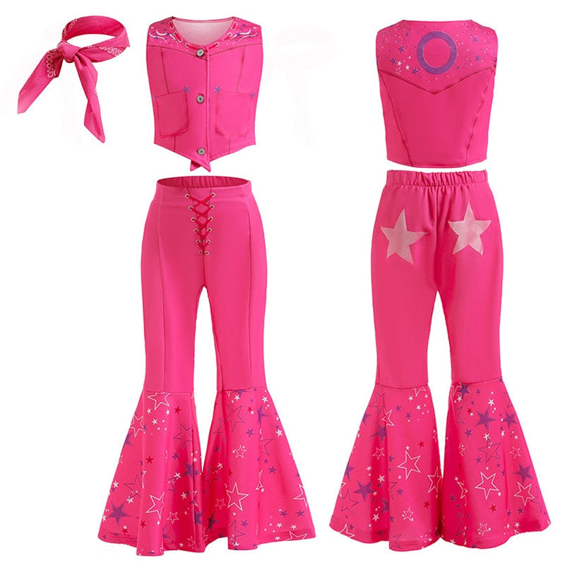 Hot Movie Barbie Costume For Kids Girls Cosplay Pink Plaid Dress Halloween Girl Dress Up Carnival Party Clothes With Hat 2-10T Pink SetA 02