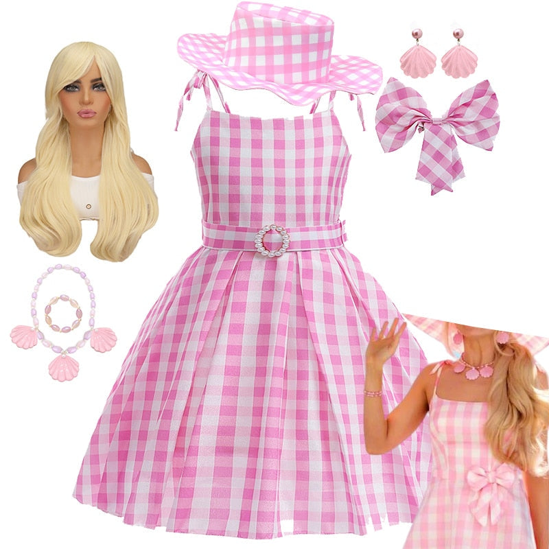 Hot Movie Barbie Costume For Kids Girls Cosplay Pink Plaid Dress Halloween Girl Dress Up Carnival Party Clothes With Hat 2-10T AMAIO