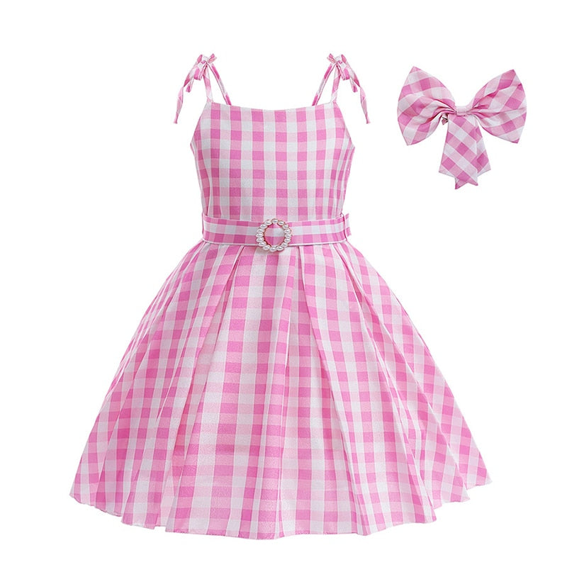 Hot Movie Barbie Costume For Kids Girls Cosplay Pink Plaid Dress Halloween Girl Dress Up Carnival Party Clothes With Hat 2-10T Pink Dress Set1