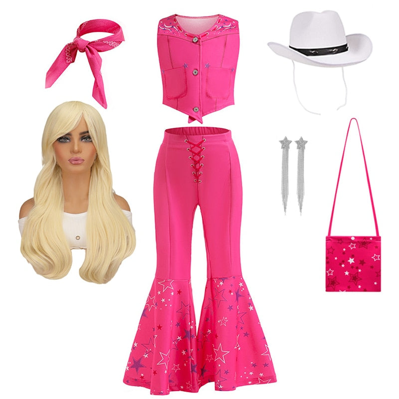 Hot Movie Barbie Costume For Kids Girls Cosplay Pink Plaid Dress Halloween Girl Dress Up Carnival Party Clothes With Hat 2-10T Pink SetA 06