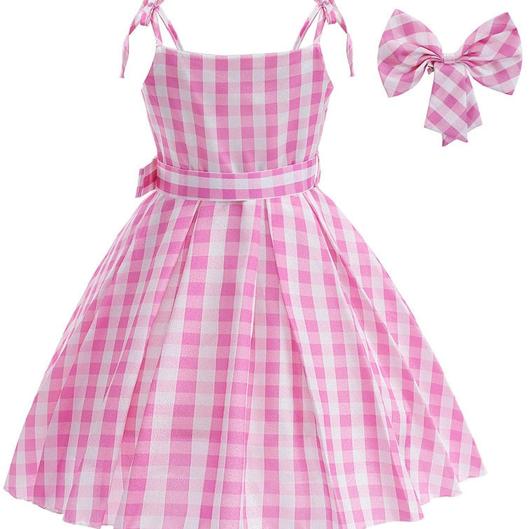 Hot Movie Barbie Costume For Kids Girls Cosplay Pink Plaid Dress Halloween Girl Dress Up Carnival Party Clothes With Hat 2-10T