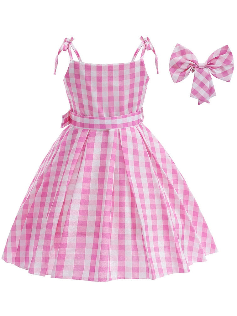 Hot Movie Barbie Costume For Kids Girls Cosplay Pink Plaid Dress Halloween Girl Dress Up Carnival Party Clothes With Hat 2-10T