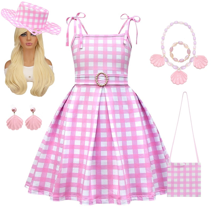 Hot Movie Barbie Costume For Kids Girls Cosplay Pink Plaid Dress Halloween Girl Dress Up Carnival Party Clothes With Hat 2-10T