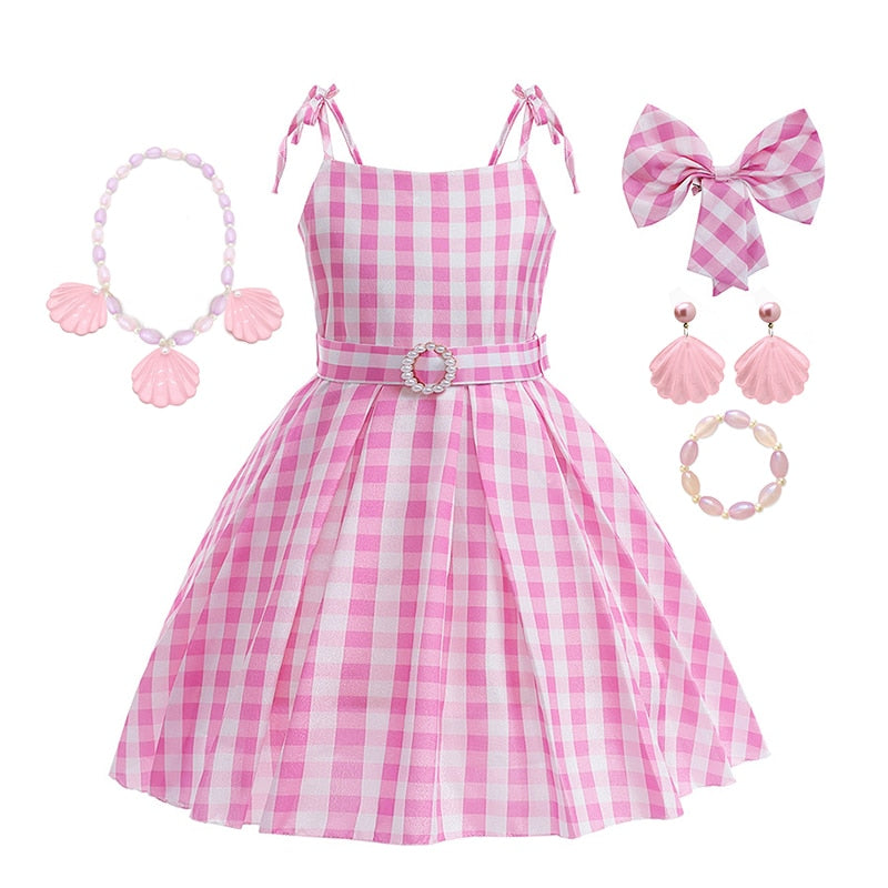 Hot Movie Barbie Costume For Kids Girls Cosplay Pink Plaid Dress Halloween Girl Dress Up Carnival Party Clothes With Hat 2-10T Pink Dress Set2