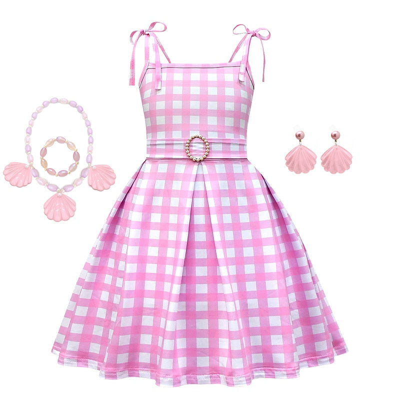 Hot Movie Barbie Costume For Kids Girls Cosplay Pink Plaid Dress Halloween Girl Dress Up Carnival Party Clothes With Hat 2-10T 5PCS Pink Set2