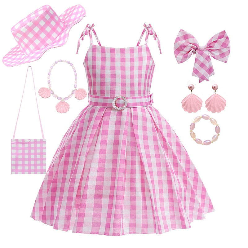 Hot Movie Barbie Costume For Kids Girls Cosplay Pink Plaid Dress Halloween Girl Dress Up Carnival Party Clothes With Hat 2-10T Pink Dress Set5